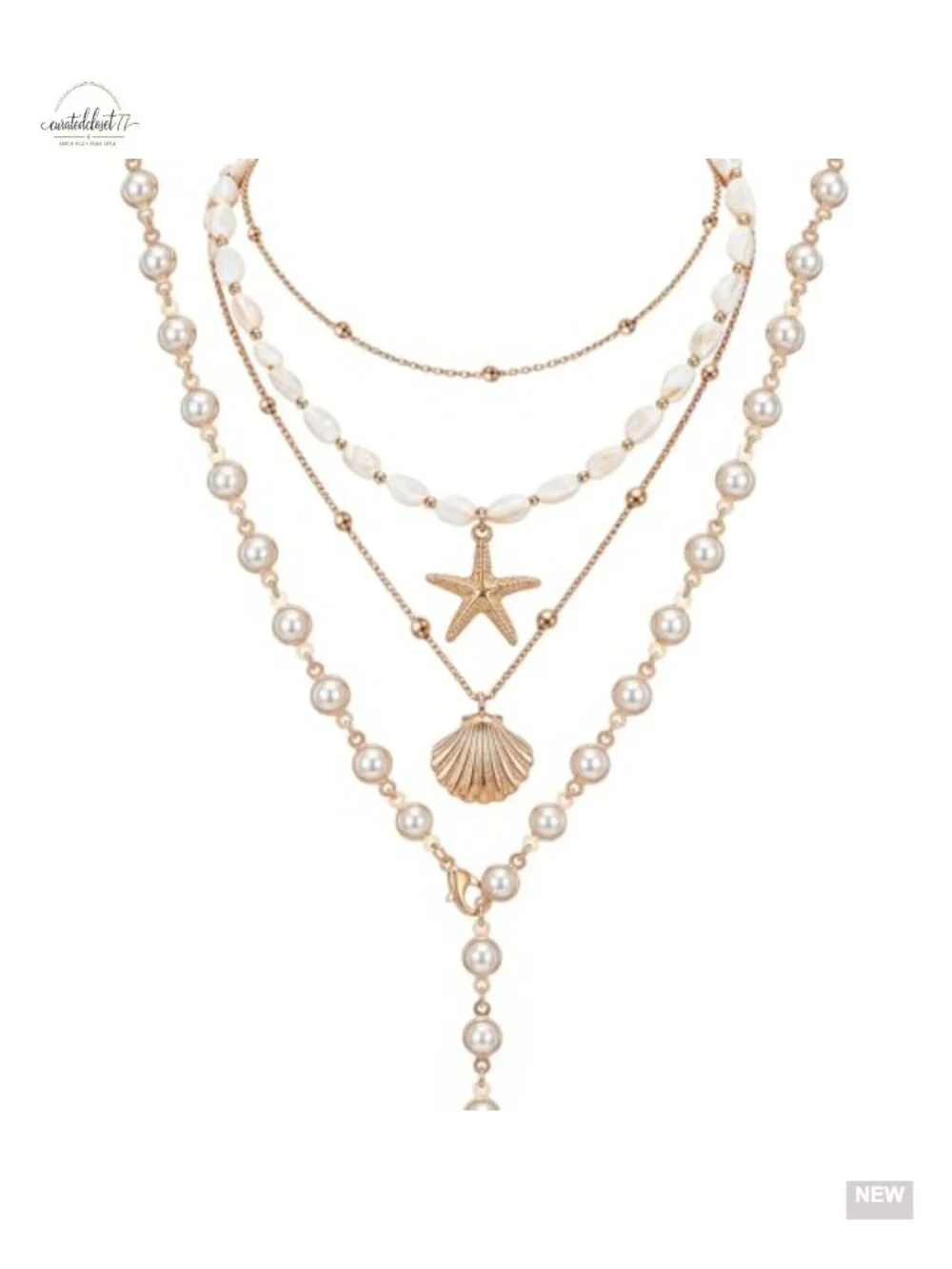 Gold Chain Shell Pearl Layered Beach Necklace Set